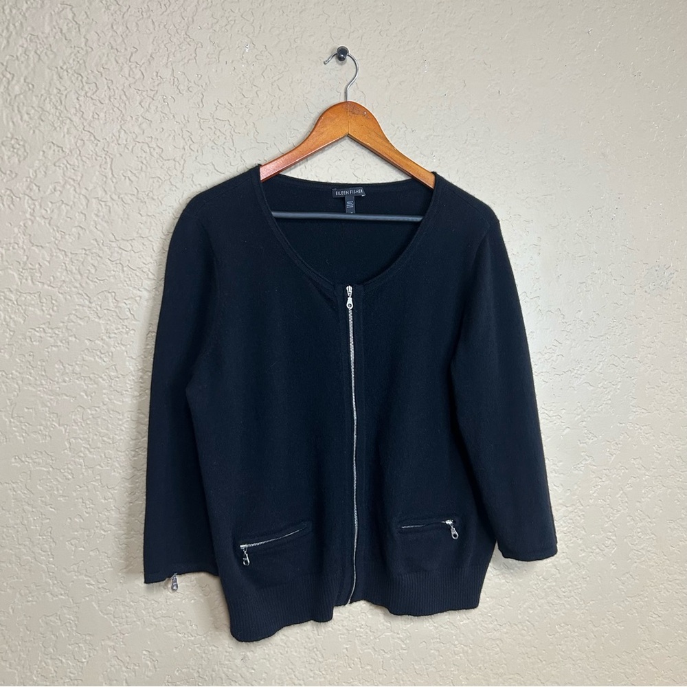 Eileen Fisher cashmere cardigan size large black zip up quarter sleeve